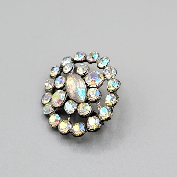 Vintage Iridescent AB Aurora Borealis Cluster Brooch Navette Center 1960s - Picture 2 of 5